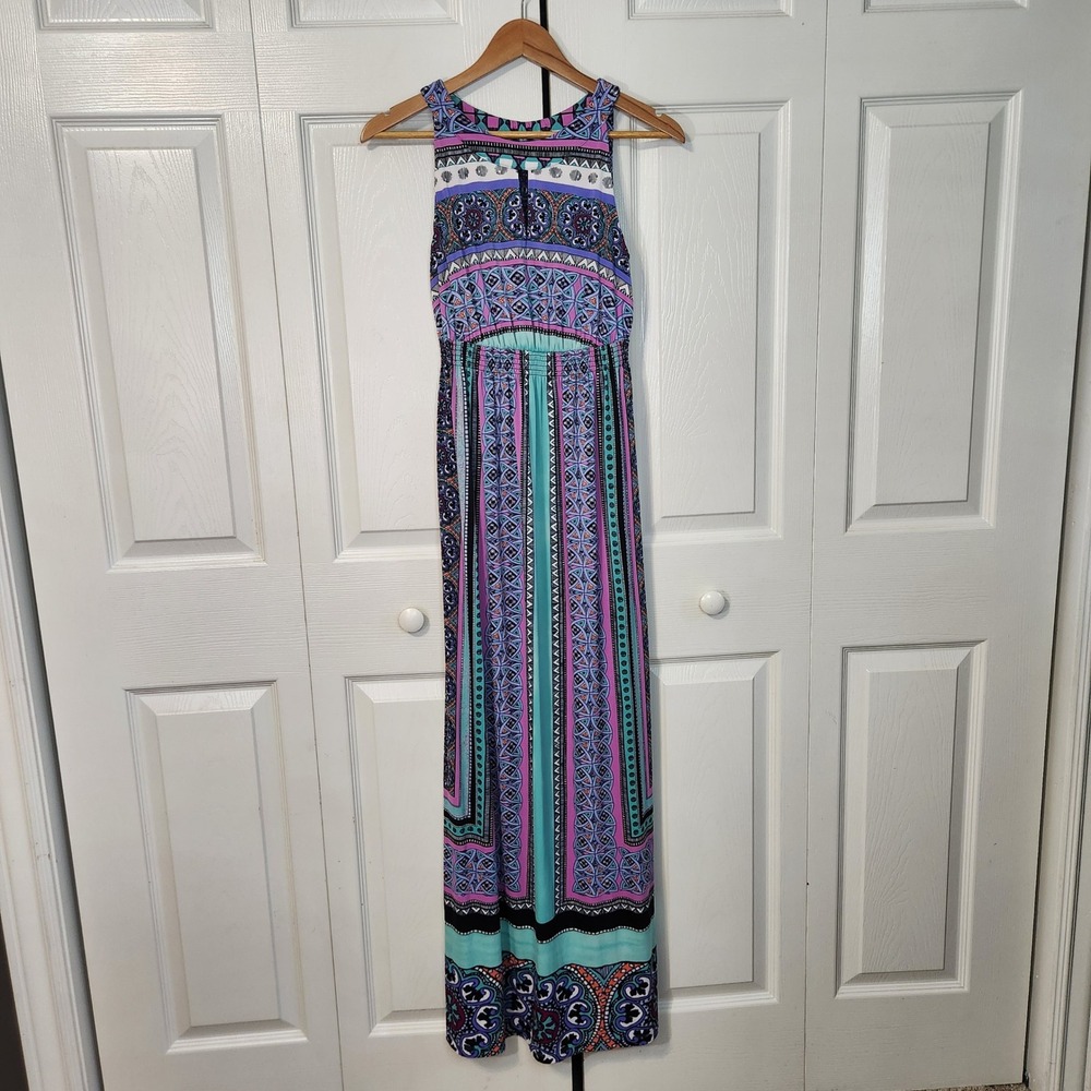 Soma XS Purple Teal Geometric Medallion Smocked Waist Sleeveless Maxi Dress
